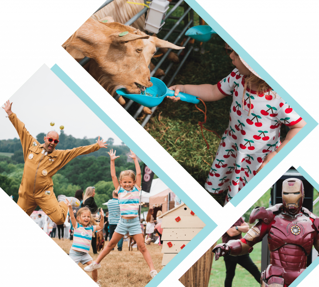 Children feeding farm animals and enjoying the walk about performances.